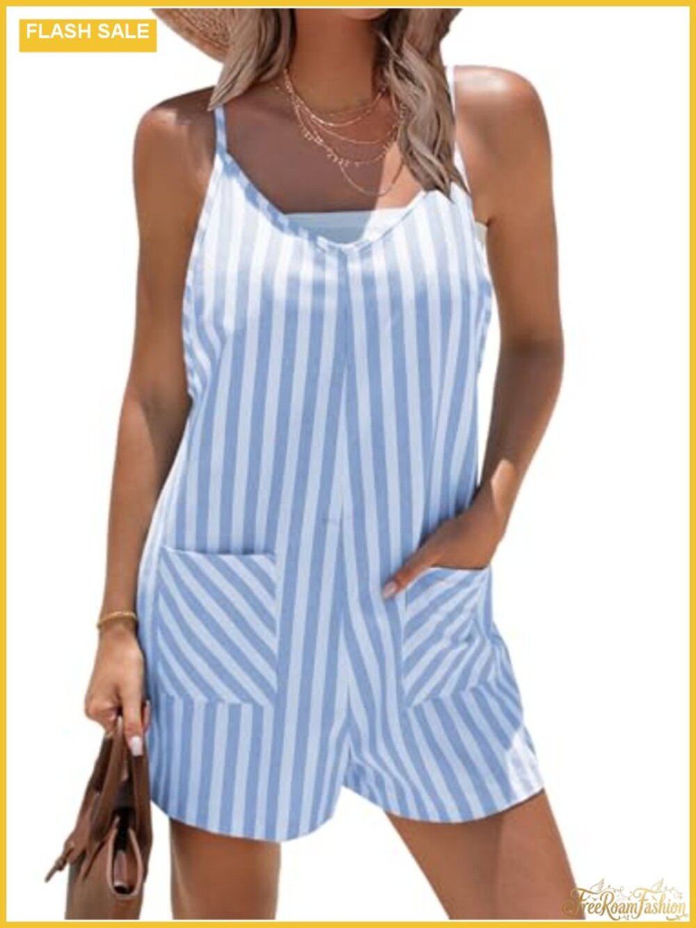 Womens Summer Cotton Romper Sleeveless Striped Short Jumpsuit with Pockets